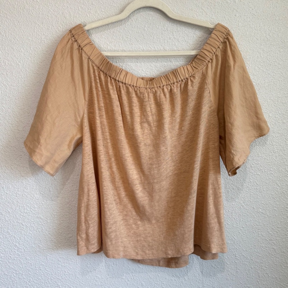 Chicos Womens Tan 100% Linen Off Shoulder Smocked Flutter Sleeve Top Large Boho
